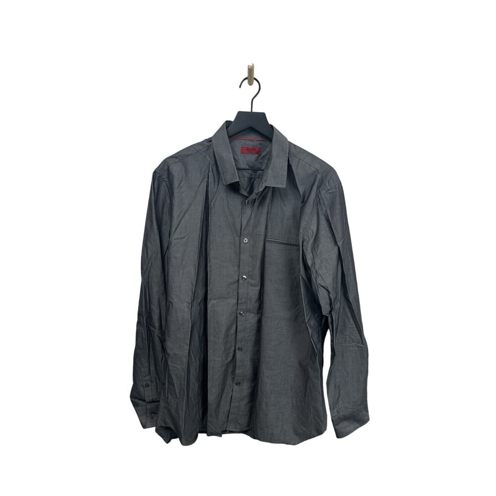 ALFANI Men's Slim Fit Grey with Black Thread‎ Button-down Shirt Large #49